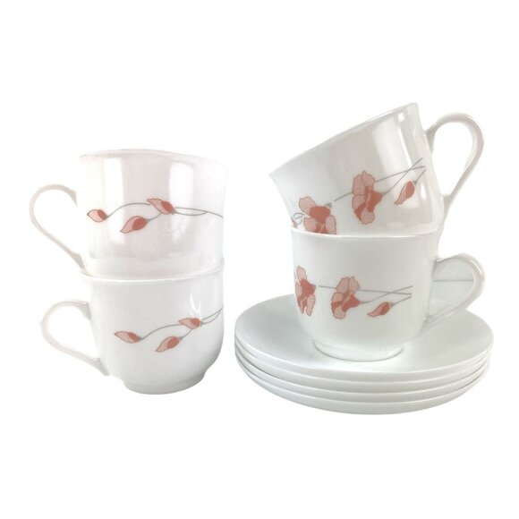 Arcopal Linette Set of 4 Cup & Saucers France White Peach Flowers Gray Stems - Picture 4 of 6